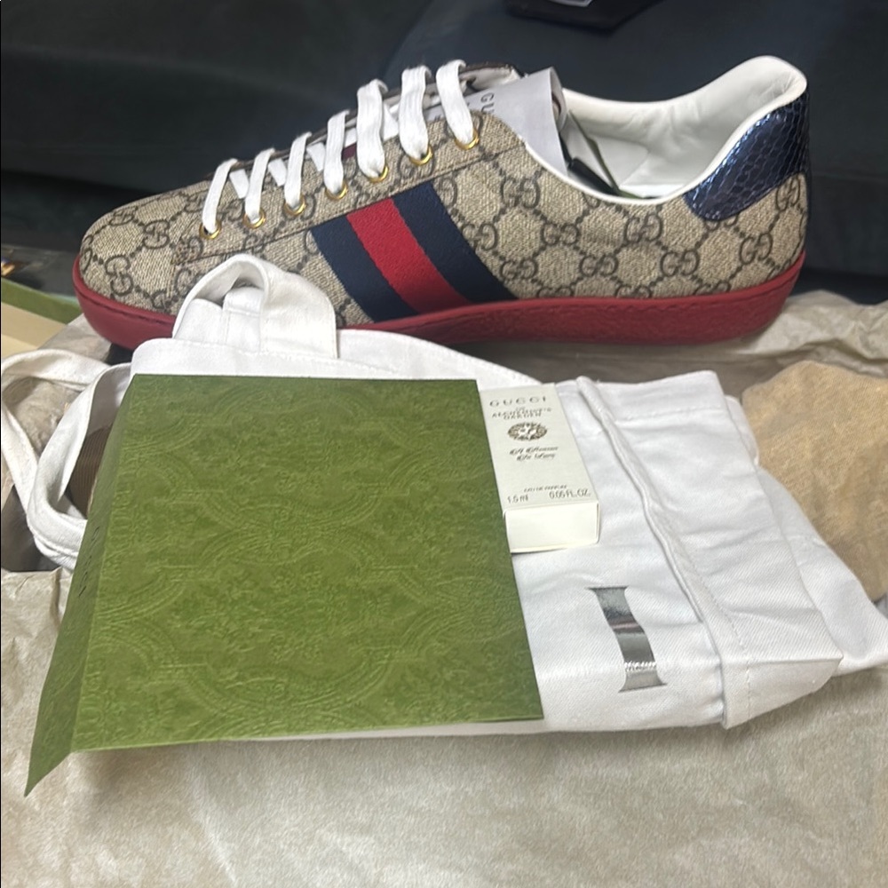Gucci Beige Monogram Sneakers with Red and Navy Accents
